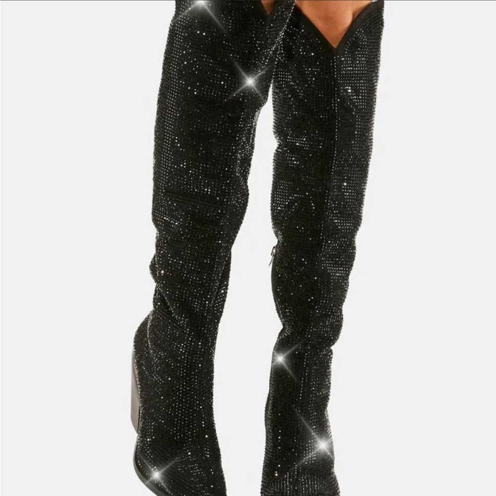 AZALEA WANG Nash Sequin Knee High Cowboy Boots Black 7-11 NWT in box.